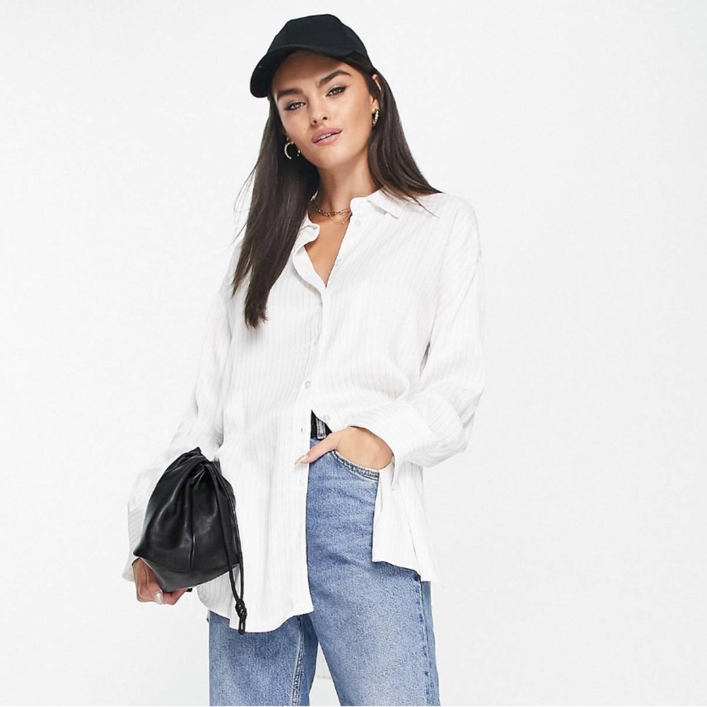 River Island Pinstripe Boyfriend Shirt in Cream